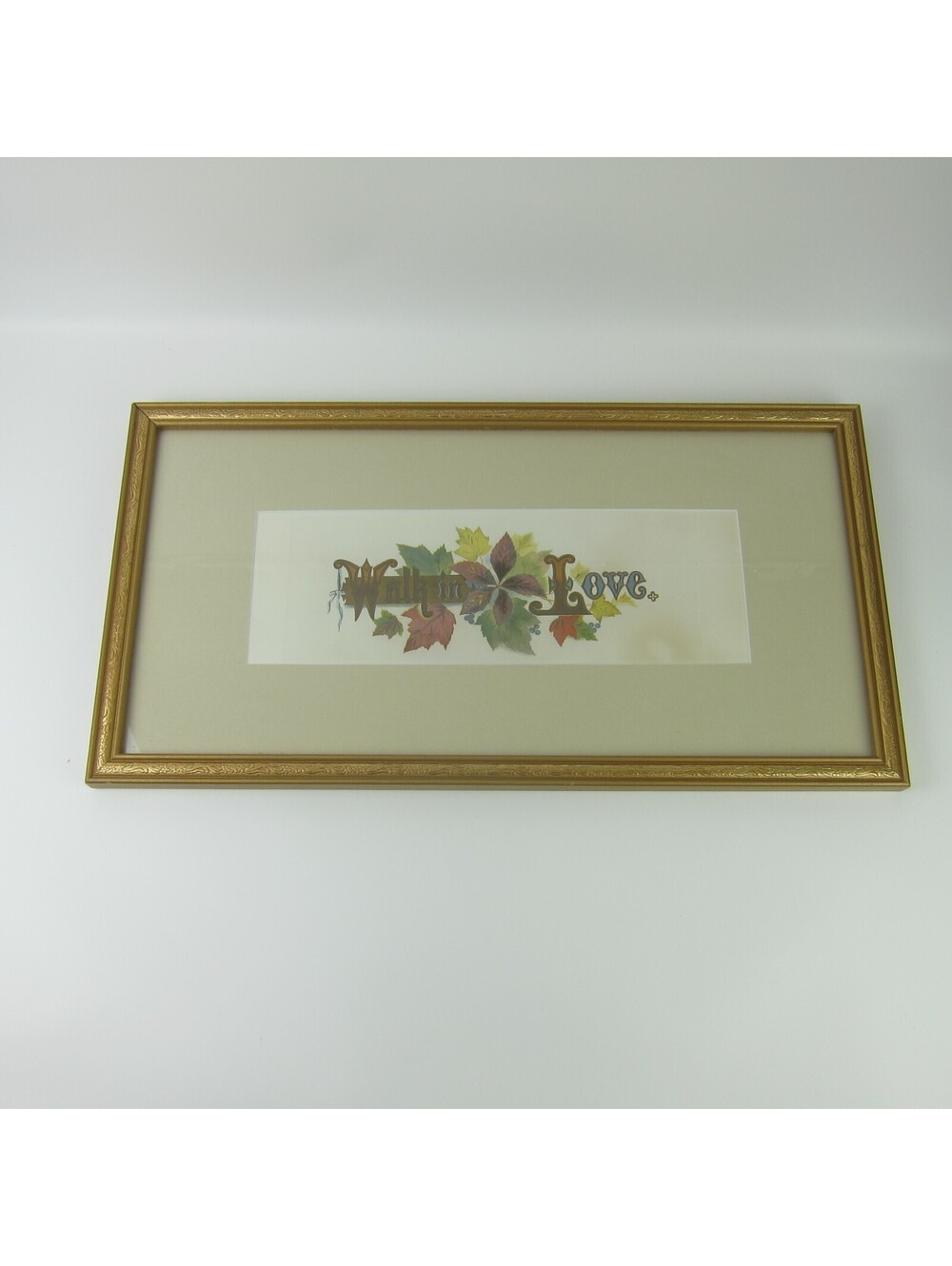Victorian Print WALK IN LOVE Christian Motto Prang Autumn Leaves Framed Antique